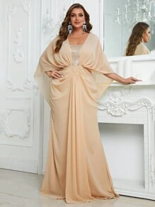 YISIKADO Plus Rhinestone Detail Batwing Sleeve Floor Length Formal Dress - Champagne - View 1