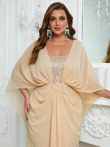 YISIKADO Plus Rhinestone Detail Batwing Sleeve Floor Length Formal Dress - Champagne - View 3