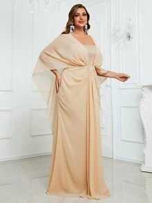 YISIKADO Plus Rhinestone Detail Batwing Sleeve Floor Length Formal Dress - Champagne - View 4