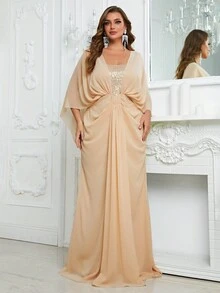 YISIKADO Plus Rhinestone Detail Batwing Sleeve Floor Length Formal Dress - Champagne - View 5