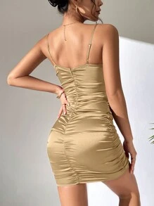 SHEIN PETITE Đầm Xù Dây kéo màu trơn Gợi cảm - Màu Khaki - Xem 2