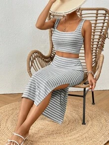 SHEIN VCAY 夏季海滩条纹印花短款背心和开叉大腿裙两件套 - 淺灰色 - 查看 5