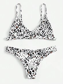 豹紋印花三角杯比基尼泳裝 - 黑與白 - 查看 2