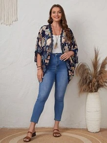 EMERY ROSE Plus Size Tropical Print Contrast Lace Kimono Summer - Multicolor - View 4