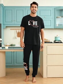 Men 1pc Letter Graphic Sleep Tee & 1pc Sleep Pants - Black - View 2
