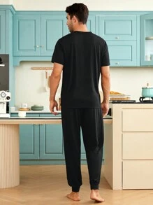 Men 1pc Letter Graphic Sleep Tee & 1pc Sleep Pants - Black - View 4