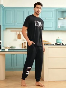 Men 1pc Letter Graphic Sleep Tee & 1pc Sleep Pants - Black - View 5