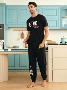 Men 1pc Letter Graphic Sleep Tee & 1pc Sleep Pants - Black - View 6