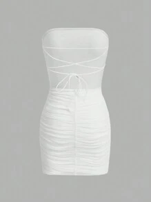 SHEIN EZwear Spring Clothes White Solid Ruched Tube Bodycon Dress,White Graduation Dress - White - View 2