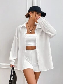 SHEIN EZwear Solid Drop Shoulder Shirt - White - View 3