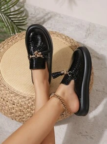 Mujer con diseño de fleco con cocodrilo en relieve Mules planos , elegante verano Zapatos planos
