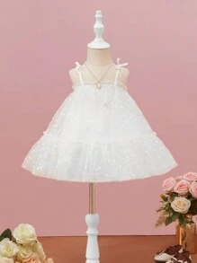 SHEIN Baby Girl Bow Shoulder Ruffle Hem Mesh Overlay Cami Dress - White - View 1