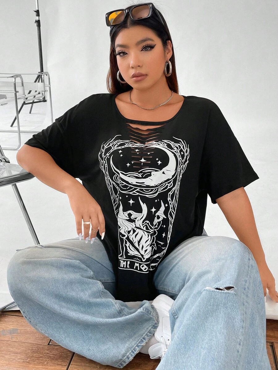 SHEIN Coolane Áo thun Plus size Cắt ra Con số Lá thư Giải trí - màu đen - Xem 1