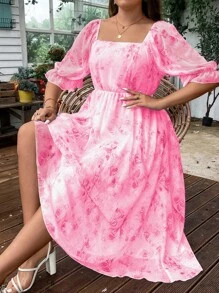 SHEIN Holidaya Đầm Plus Size Xù Hoa Tất cả trên in Boho - Hồng - Xem 1