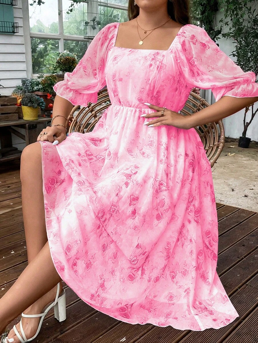 SHEIN Holidaya Đầm Plus Size Xù Hoa Tất cả trên in Boho - Hồng - Xem 1
