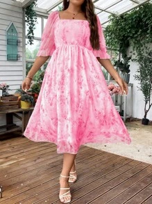 SHEIN Holidaya Đầm Plus Size Xù Hoa Tất cả trên in Boho - Hồng - Xem 5