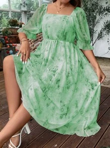 SHEIN Holidaya Plus Floral Print Square Neck Puff Sleeve Dress | SHEIN USA