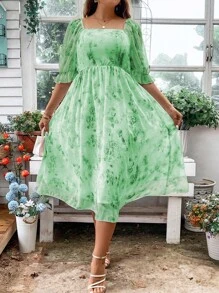 SHEIN Holidaya Plus Floral Print Square Neck Puff Sleeve Dress | SHEIN USA