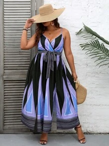 SHEIN Holidaya 大碼波西米亞腰帶 開衩 交叉幾何連衣裙 - 彩色 - 查看 3