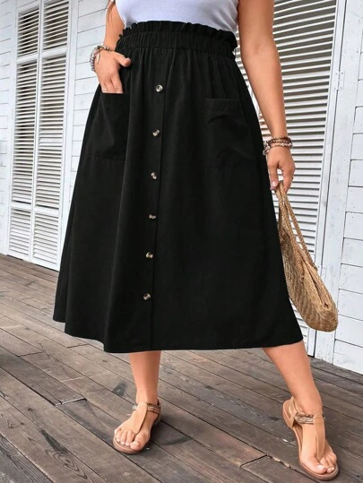 EMERY ROSE Ficka Framsida Knappar Paperbag-Midja Enkel Enkel Plus Size Kjol