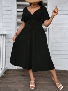 SHEIN Holidaya Đầm Plus Size Xù Dải chun màu trơn Giải trí - màu đen - Xem 5