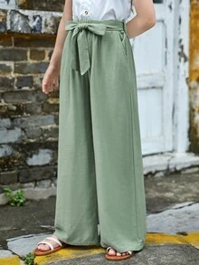 SHEIN Quần con gái Thắt lưng Túi màu trơn Giải trí - Màu xanh Bạc hà - Xem 5