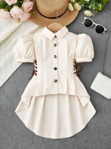 SHEIN 小女童泡泡袖側邊綁帶高低下擺襯衫 - 米色 - 查看 1