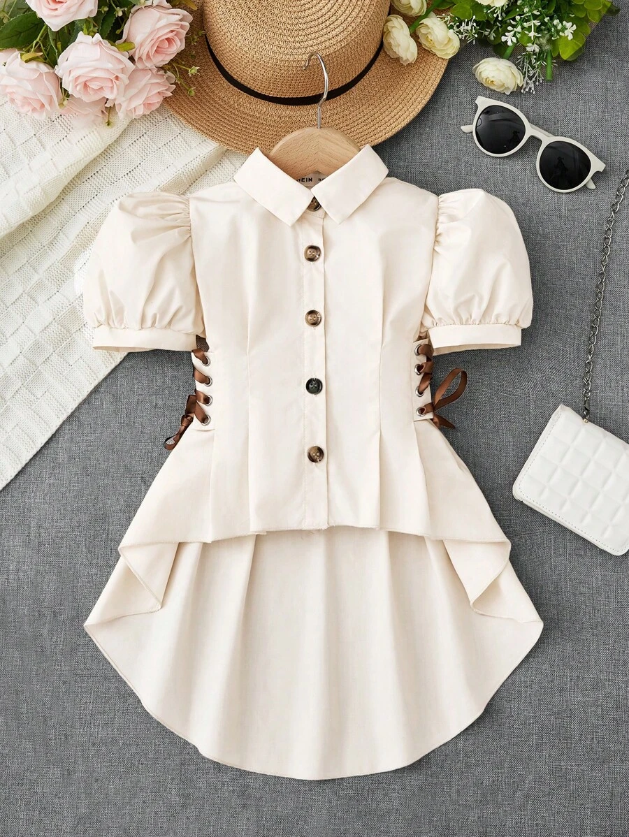 SHEIN 小女童泡泡袖側邊綁帶高低下擺襯衫 - 米色 - 查看 1