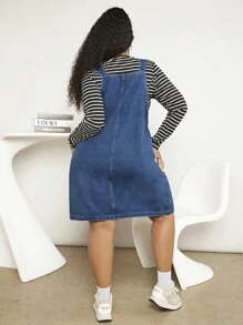 SHEIN CURVE+ 大碼1入組斜口袋牛仔背帶裙 - 中等水洗藍 - 查看 2