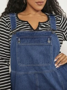 SHEIN CURVE+ 大碼1入組斜口袋牛仔背帶裙 - 中等水洗藍 - 查看 7