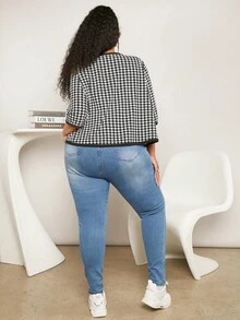 SHEIN CURVE+ Hơn In Houndstooth Tương phản ràng buộc Mở Mặt trước Áo khoác - Đen và trắng - Xem 4