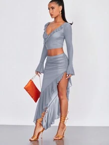 SHEIN BAE Váy nữ Bất đối xứng Xù Viên lá sen màu trơn Gợi cảm - Màu xanh bụi bặm - Xem 3