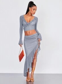 SHEIN BAE Váy nữ Bất đối xứng Xù Viên lá sen màu trơn Gợi cảm - Màu xanh bụi bặm - Xem 6