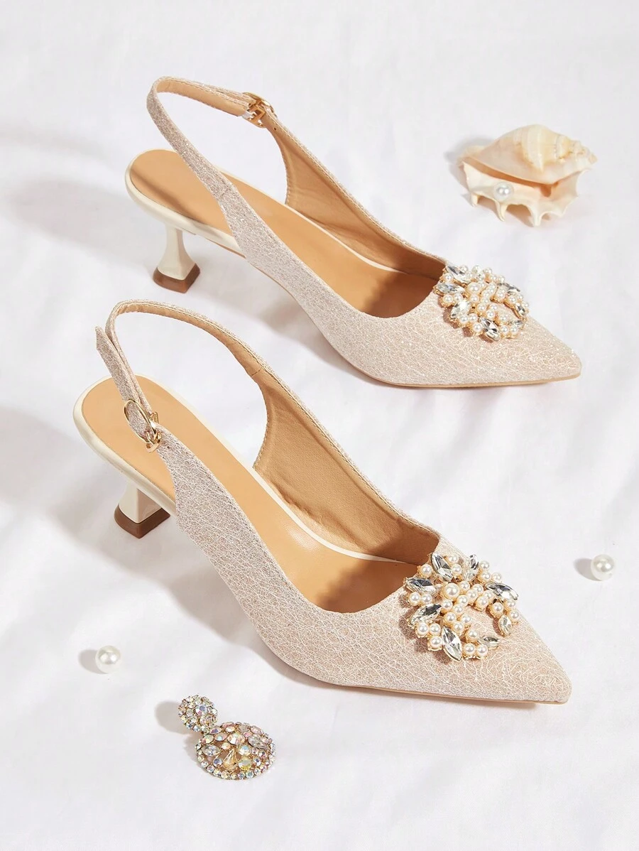 2024 Spring/Summer New Pearl-Decorated Women's High Heels, 6cm Stiletto Heel & Pointed Toe & Delicate Slingbacks,Elegant,Party,Kitten Heels
