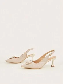 2024 Spring/Summer New Pearl-Decorated Women's High Heels, 6cm Stiletto Heel & Pointed Toe & Delicate Slingbacks,Elegant,Party,Kitten Heels - Champagne - View 3