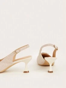 2024 Spring/Summer New Pearl-Decorated Women's High Heels, 6cm Stiletto Heel & Pointed Toe & Delicate Slingbacks,Elegant,Party,Kitten Heels - Champagne - View 4