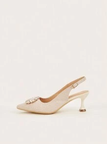 2024 Spring/Summer New Pearl-Decorated Women's High Heels, 6cm Stiletto Heel & Pointed Toe & Delicate Slingbacks,Elegant,Party,Kitten Heels - Champagne - View 5