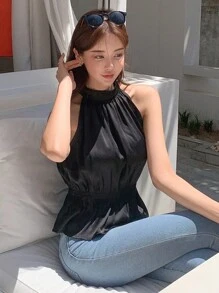 DAZY Áo peplum cổ yếm viền bèo nhún trơn gợi cảm dành cho nữ - màu đen - Xem 7