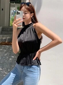 DAZY Áo peplum cổ yếm viền bèo nhún trơn gợi cảm dành cho nữ - màu đen - Xem 3