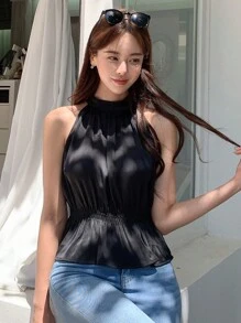 DAZY Áo peplum cổ yếm viền bèo nhún trơn gợi cảm dành cho nữ - màu đen - Xem 5