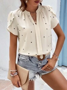 SHEIN VCAY Short Sleeve Embroidered Notched Neck Printed Casual Daily Summer Top Mother Day - Apricot - View 4