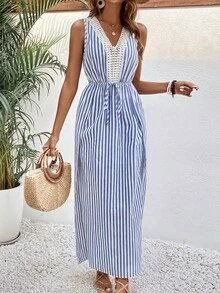 SHEIN VCAY 條紋印花拼接水溶蕾絲前打結洋裝 - 藍白色 - 查看 6