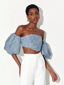 MELIKE FIRAT 一字肩泡泡袖頭巾下擺粗花呢上衣 - 淺藍色 - 查看 3