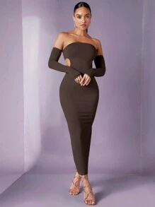 SHEIN BAE 一字肩腰部鏤空緊身洋裝 - 巧克力棕 - 查看 1