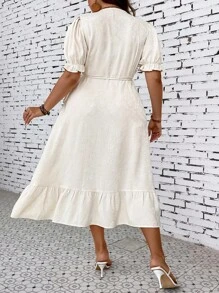 SHEIN Franclia Hơn Ống tay áo Viền Ruffle Bọc Nút ven Đầm - Màu be - Xem 4