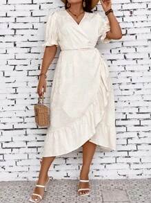 SHEIN Franclia Hơn Ống tay áo Viền Ruffle Bọc Nút ven Đầm - Màu be - Xem 1