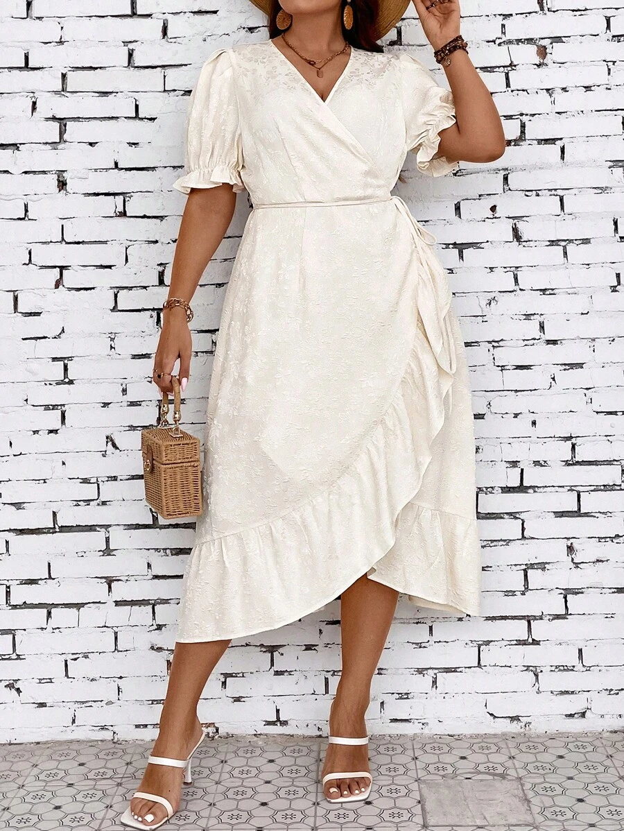 SHEIN Franclia Hơn Ống tay áo Viền Ruffle Bọc Nút ven Đầm - Màu be - Xem 1