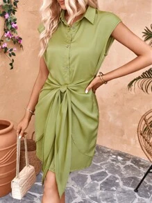 SHEIN VCAY 蝙蝠袖前打結襯衫連衣裙 - 綠色 - 查看 1