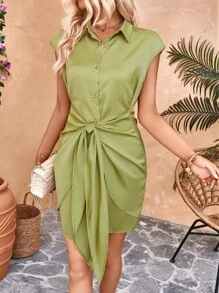 SHEIN VCAY 蝙蝠袖前打結襯衫連衣裙 - 綠色 - 查看 3