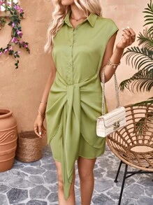SHEIN VCAY 蝙蝠袖前打結襯衫連衣裙 - 綠色 - 查看 5